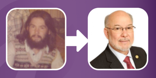 Two photos. One showing a young man with long dark hair and a beard wearing a sweater vest. The other a man in a suit and tie wearing glasses.]  [image caption = Joe Dale from his career beginnings to present day.